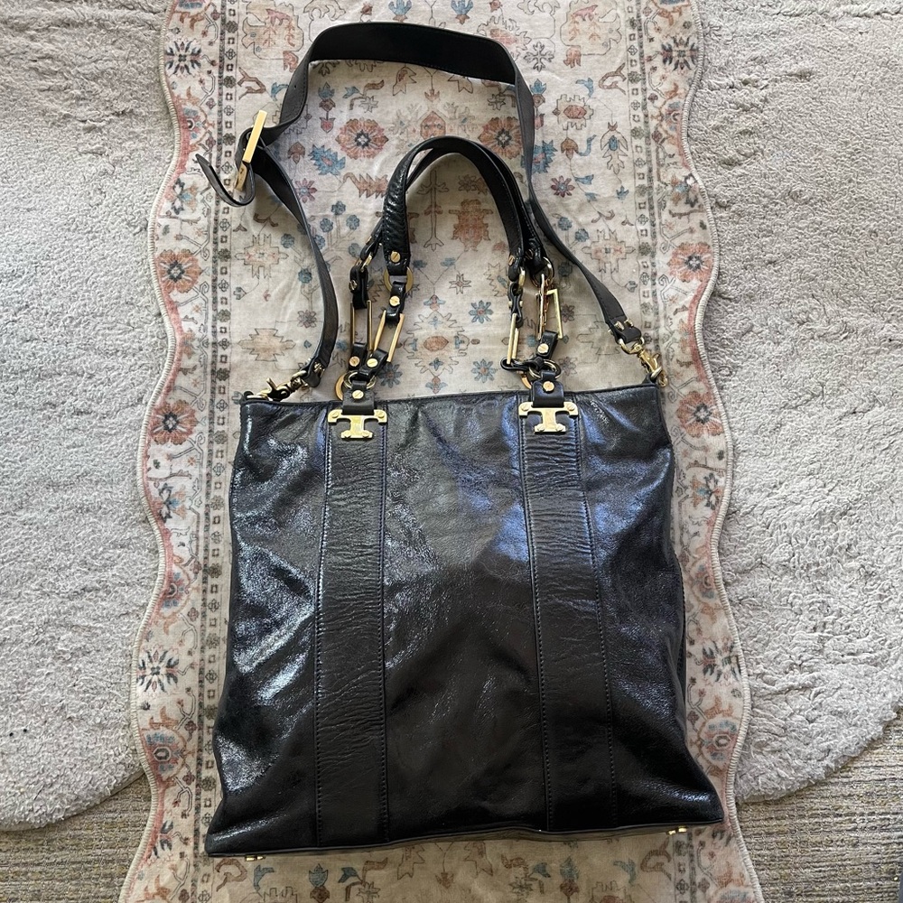 Tory Burch Black Leather Tote with Logo Lining